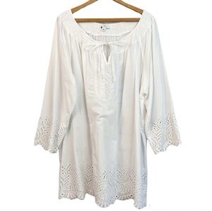 Ellos White Peasant Tunic Top Tie Neckline Eyelet Detail Size 2X